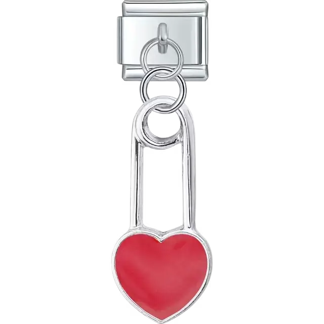 Red heart link with a dangle design Italian charm bracelet link
