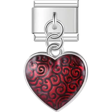 Heart-shaped red dangle with black swirl pattern Italian charm bracelet link