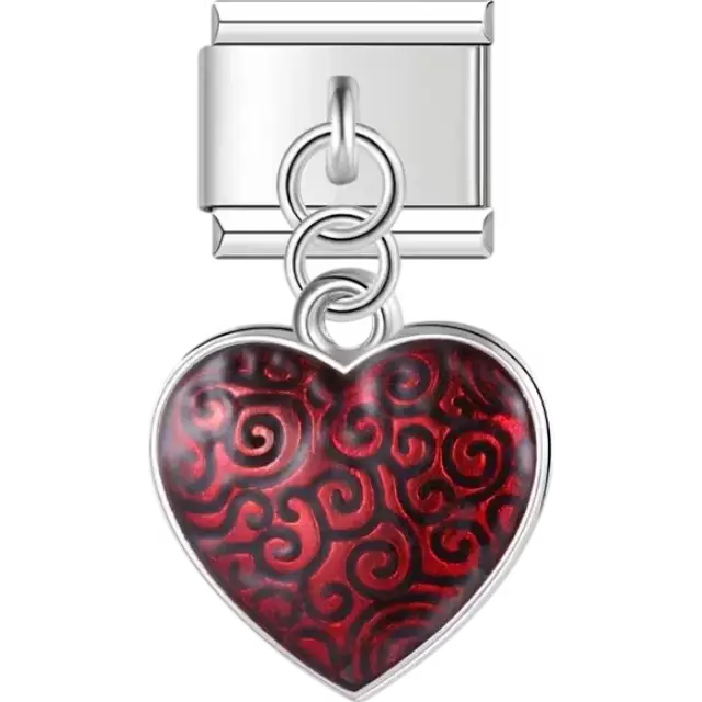 Heart-shaped red dangle with black swirl pattern Italian charm bracelet link