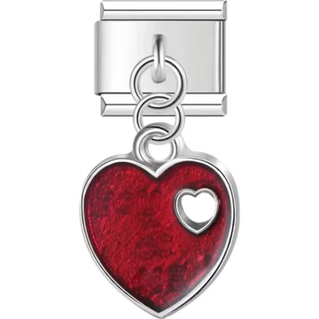 Heart-shaped red dangle with small heart cutout Italian charm bracelet link