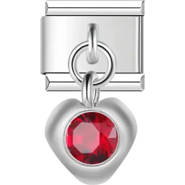 Red gemstone heart-shaped dangle Italian charm bracelet link