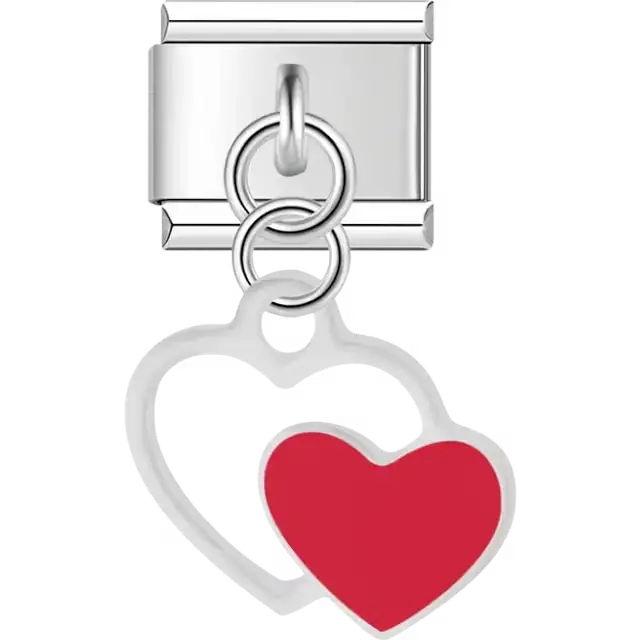 White red double heart dangle Italian charm bracelet link