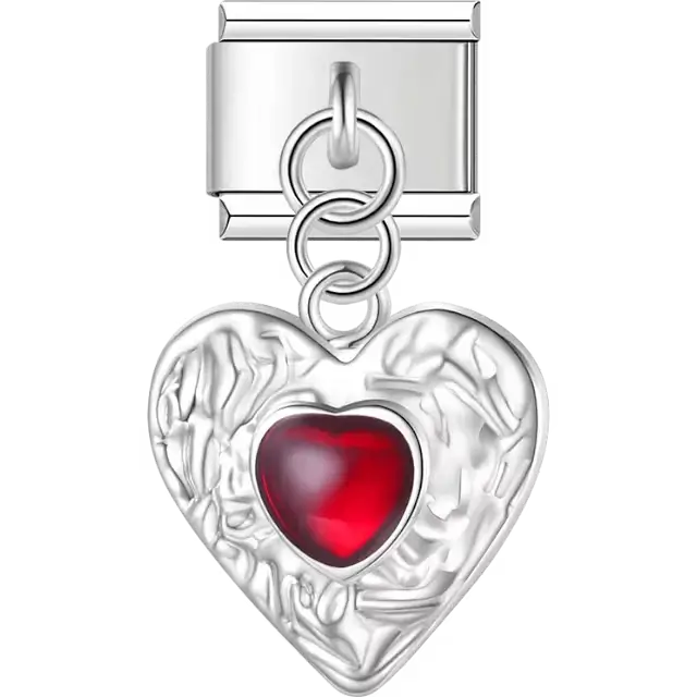 Textured heart with red heart center dangle Italian charm bracelet link