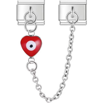 Red heart with a centered white and black evil eye connected by a safety chain Italian charm bracelet link