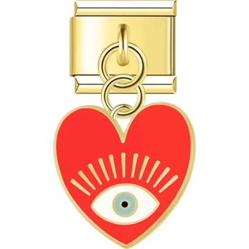 Red heart-shaped dangle with a centered blue evil eye and gold-tone rays Italian charm bracelet link
