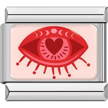 Red eye with pink heart pupil on light pink background Italian charm bracelet link