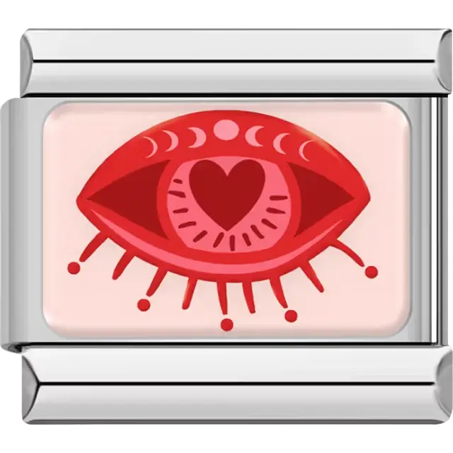 Red eye with pink heart pupil on light pink background Italian charm bracelet link