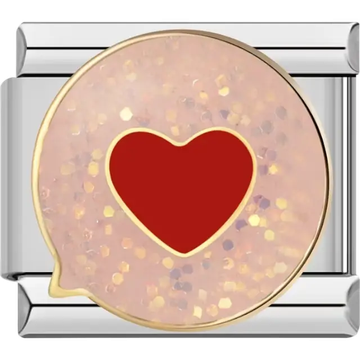 Red heart on a pink glitter background with gold border Italian charm bracelet link