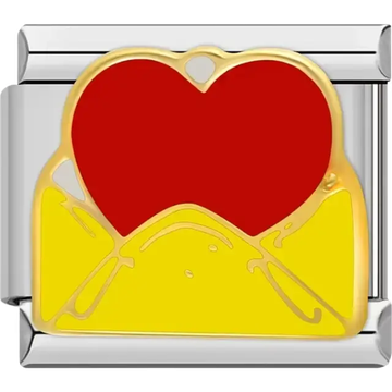 Red heart emerging from a yellow envelope, symbolizing a Valentine's letter Italian charm bracelet link