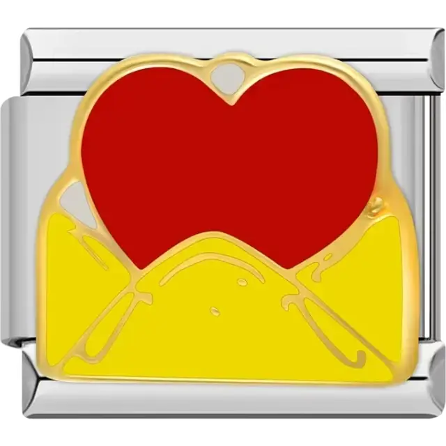 Red heart emerging from a yellow envelope, symbolizing a Valentine's letter Italian charm bracelet link