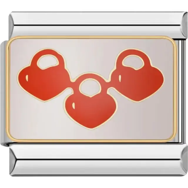 Three connected red heart locks with gold outlines Italian charm bracelet link