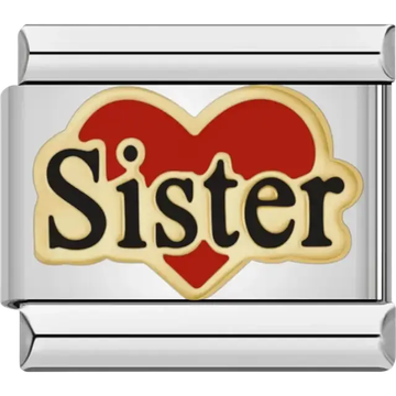 Red heart with black text "Sister" outlined in gold Italian charm bracelet link