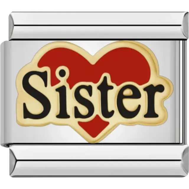 Red heart with black text "Sister" outlined in gold Italian charm bracelet link