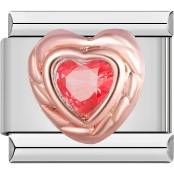 Red heart-shaped stone with rose gold border Italian charm bracelet link