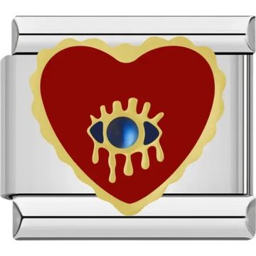 Red heart charm with a gold-tone border and a central blue eye detail Italian charm bracelet link