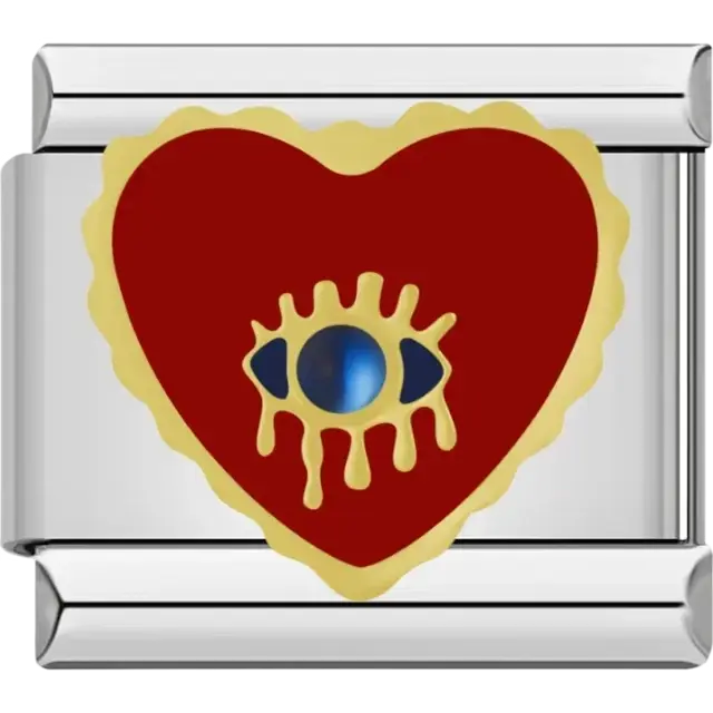 Red heart charm with a gold-tone border and a central blue eye detail Italian charm bracelet link