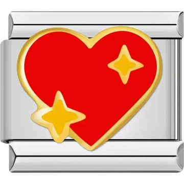 Bright red heart charm with gold stars with a gold-tone border Italian charm bracelet link