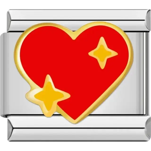 Bright red heart charm with gold stars with a gold-tone border Italian charm bracelet link