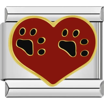 Heart charm with black paw prints Italian charm bracelet link