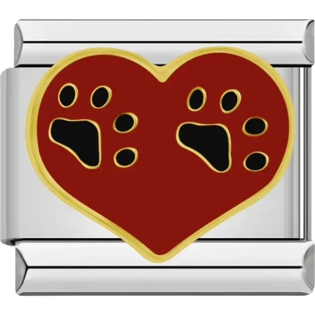 Heart charm with black paw prints Italian charm bracelet link