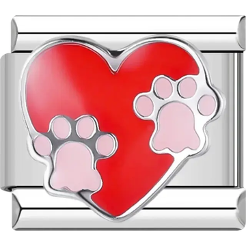 Red heart with pink paw prints Italian charm bracelet link