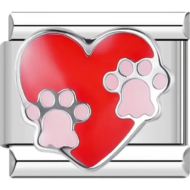 Red heart with pink paw prints Italian charm bracelet link