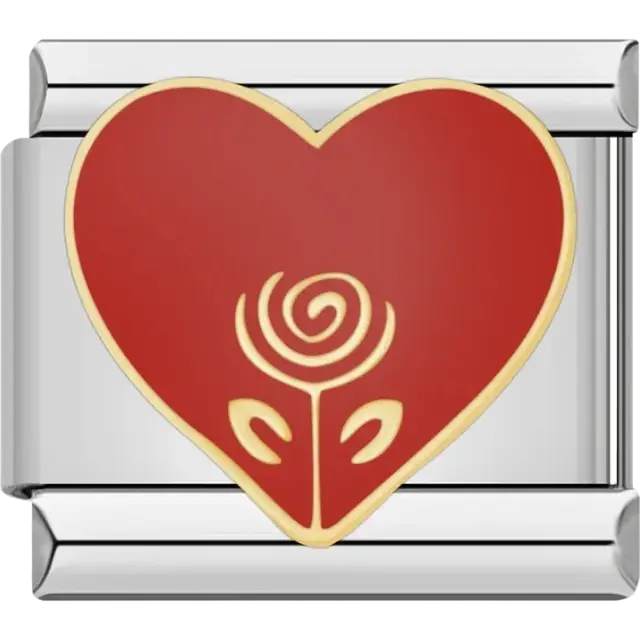 Red heart with rose Italian charm bracelet link
