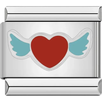 Red heart with blue wings Italian charm bracelet link
