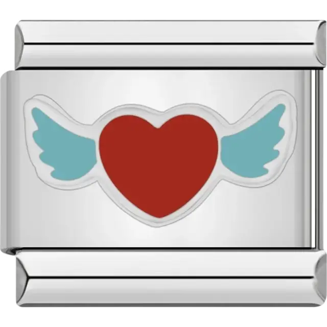 Red heart with blue wings Italian charm bracelet link