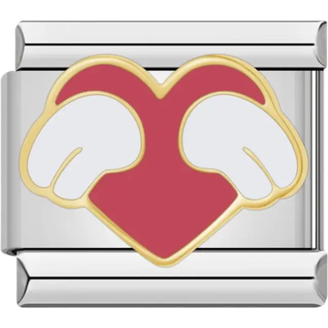 Red heart with white wings outlined in gold Italian charm bracelet link