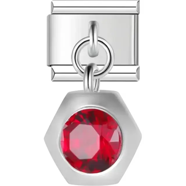 Red hexagon gemstone dangle in a silver bezel Italian charm bracelet link