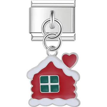 Red house with green windows white snow accents and red heart on dangle Italian charm bracelet link