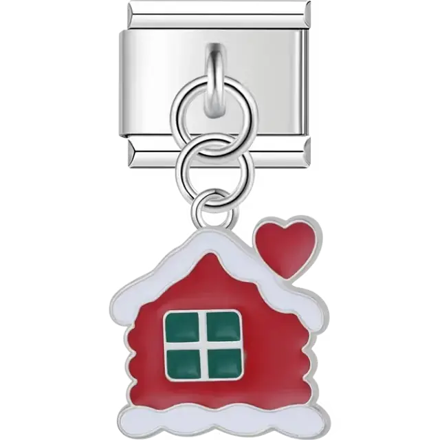 Red house with green windows white snow accents and red heart on dangle Italian charm bracelet link