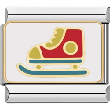 Gold-outlined red ice skate with yellow and blue accents on a white background Italian charm bracelet link