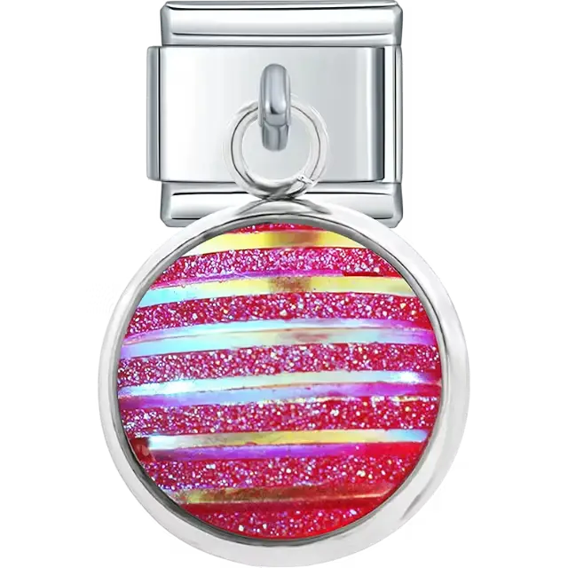Round dangle with red iridescent glitter and horizontal stripe pattern Italian charm bracelet link
