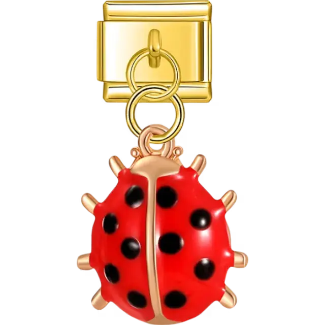 Dangle featuring a red ladybug with black polka dots and metallic detailing Italian charm bracelet link