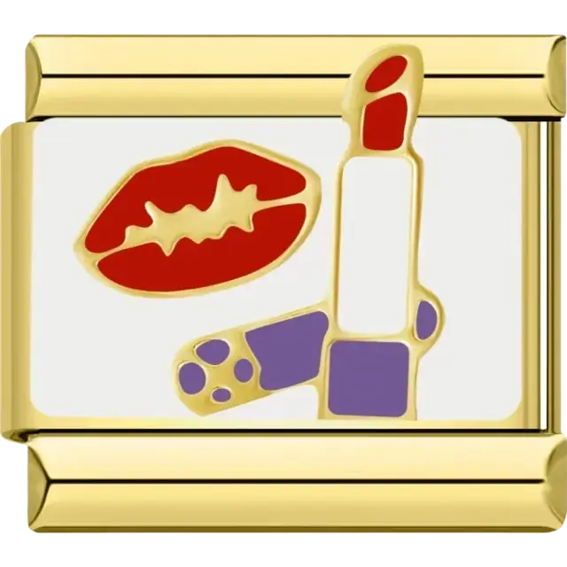 Red lips with gold outline and red and purple lipstick Italian charm bracelet link