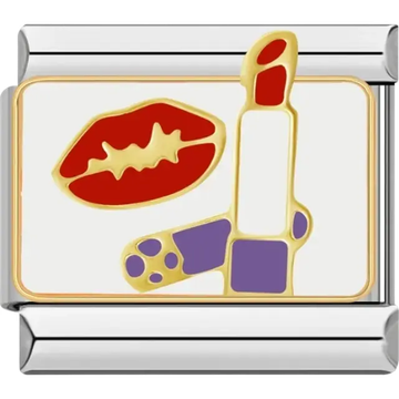 Red lips with gold outline and red and purple lipstick Italian charm bracelet link