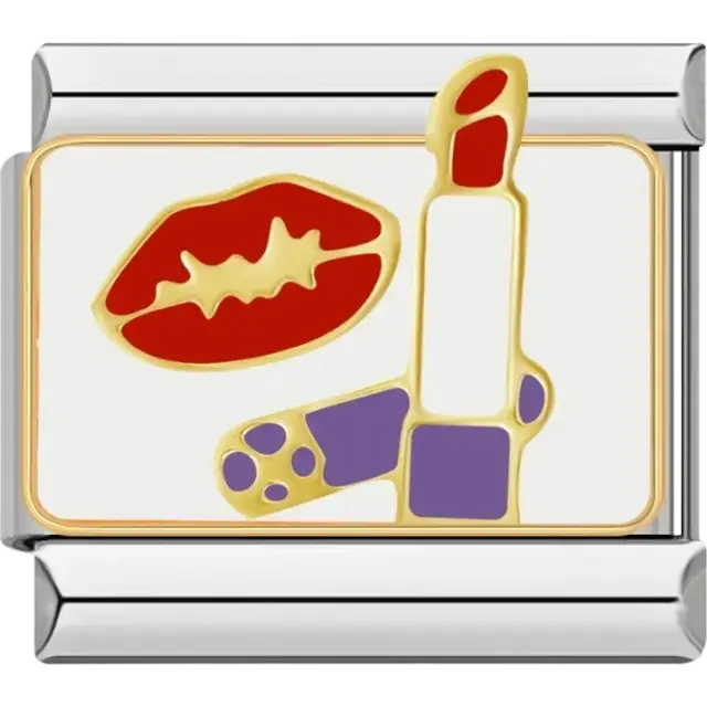 Red lips with gold outline and red and purple lipstick Italian charm bracelet link