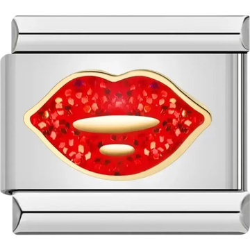 Red glitter-filled lips with a golden border Italian charm bracelet link