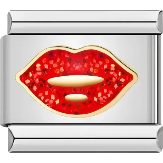 Red glitter-filled lips with a golden border Italian charm bracelet link