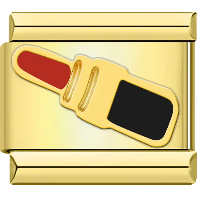 Red lipstick with black case design on a rose gold-plated Italian charm bracelet link