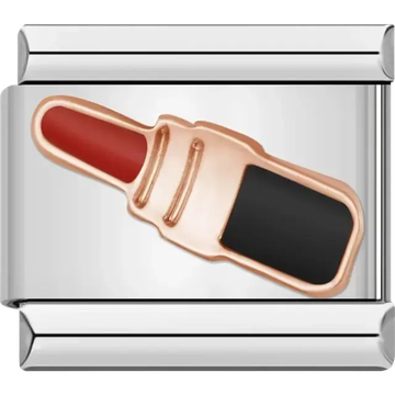 Red lipstick with black case design on a rose gold-plated Italian charm bracelet link