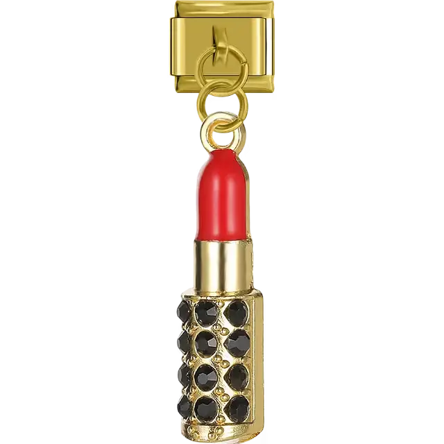 Lipstick with red tip black crystal gemstones dangle Italian charm bracelet link