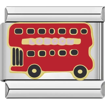 Red double-decker bus in pastel colors and gold accents Italian charm bracelet link