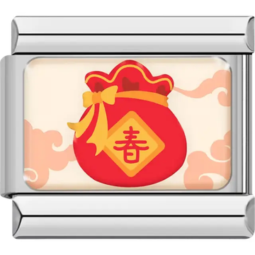 Red money bag with yellow bow and Chinese character surrounded by orange clouds on cream background Italian charm bracelet link