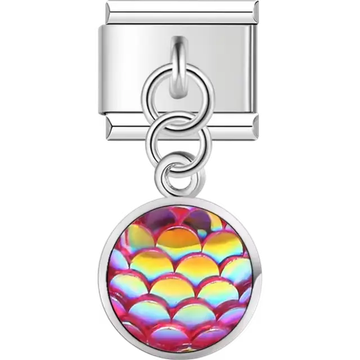 Dangle red mermaid scale pattern with iridescent shimmer Italian charm bracelet link