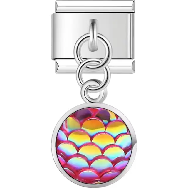 Dangle red mermaid scale pattern with iridescent shimmer Italian charm bracelet link