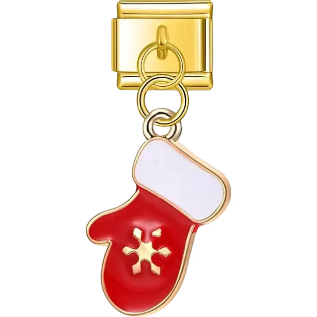Red mitten with white cuff and gold snowflake design in a dangle style Italian charm bracelet link