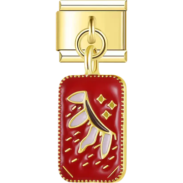 Red enamel rectangle with gold crescent moon stars and white accents Italian charm bracelet link